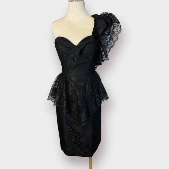 80s Climax Black Lace One Shoulder Party Dress Size XS - Picture 1 of 8